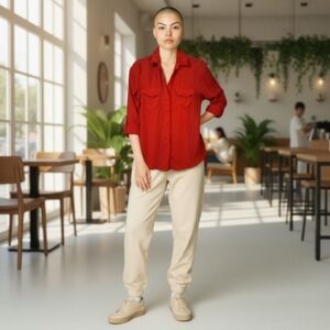 EUC Sam Edelman Sz. M Red V-Neck Button Down Long Sleeve Top